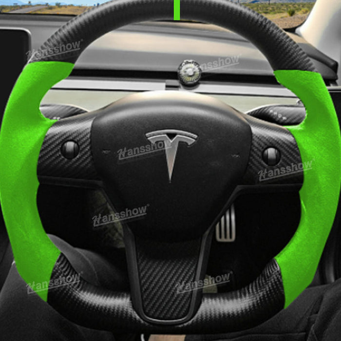 Tesla Model Y/3 Volante redondo de fibra de carbono real + cuero perforado en verde | Hansshow