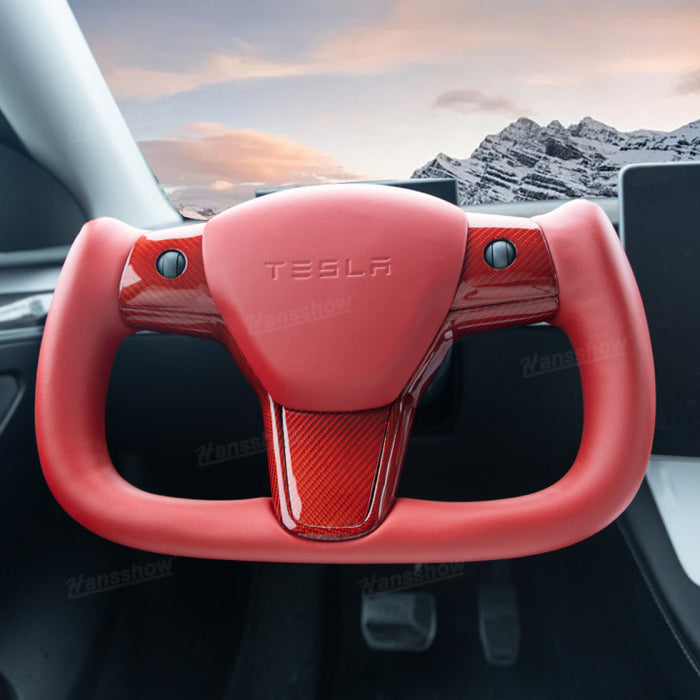 Tesla Model Y/3 Red Yoke Steering Wheel In Real Carbon Fiber With High Quality Nappa Leather|Hansshow