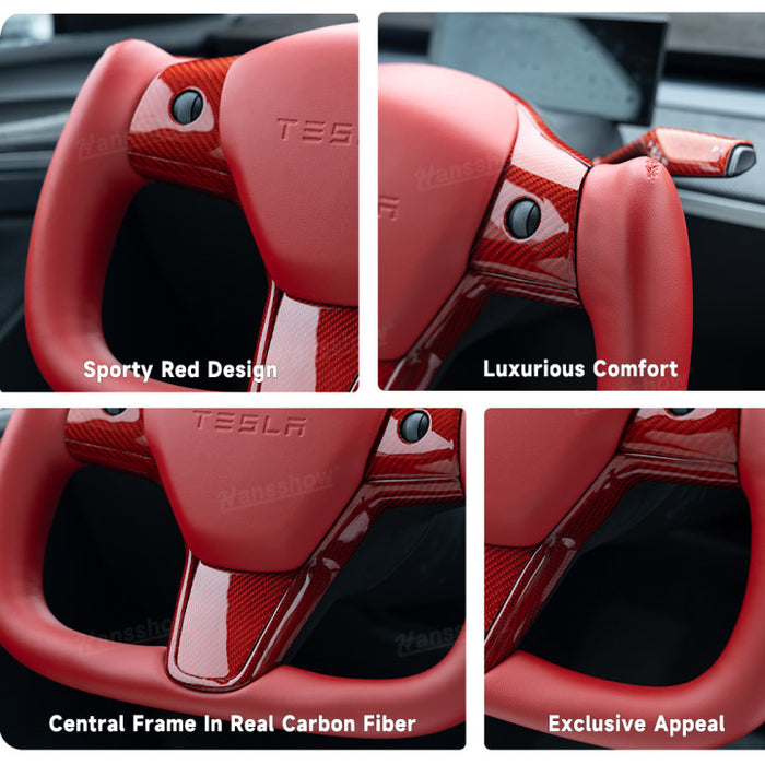 Tesla Model Y/3 Red Yoke Steering Wheel In Real Carbon Fiber With High Quality Nappa Leather|Hansshow