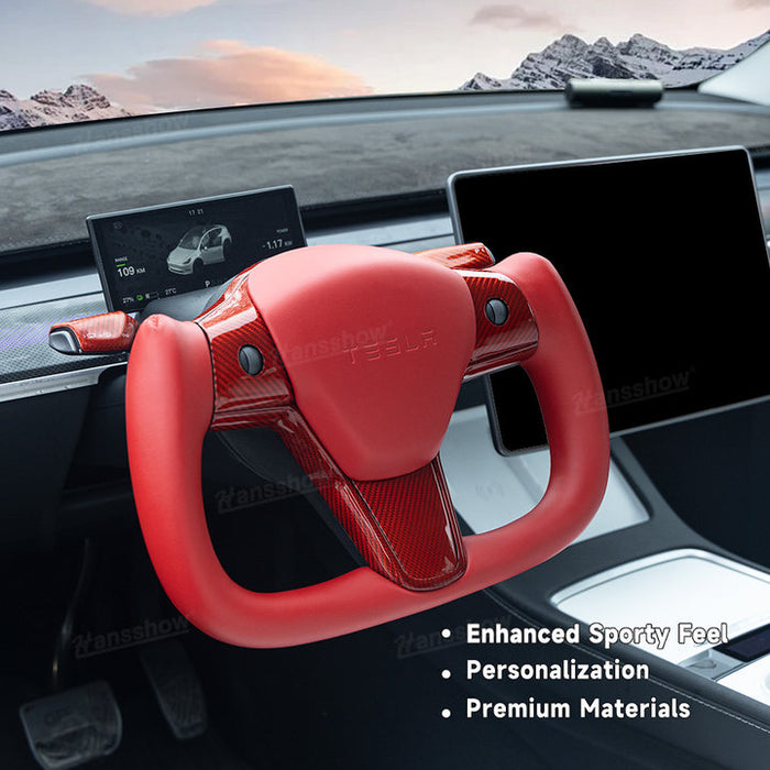 Tesla Model Y/3 Red Yoke Steering Wheel In Real Carbon Fiber With High Quality Nappa Leather|Hansshow