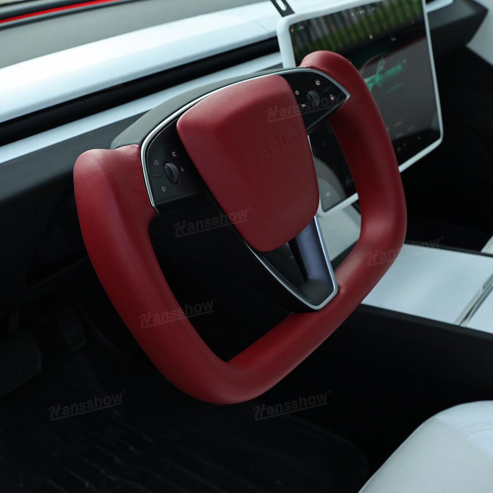 Tesla Model 3 Highland Yoke Steering Wheel with Full Red Nappa Leather|Hansshow