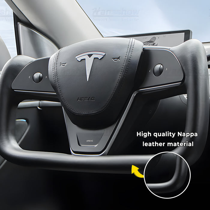 Hansshow Model 3/Y Nappa Black Leather Yoke Steering Wheel For Tesla (Inspired by Model X/S Yoke)