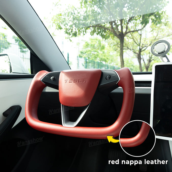 Tesla Model 3 Highland Yoke Steering Wheel with Full Red Nappa Leather|Hansshow