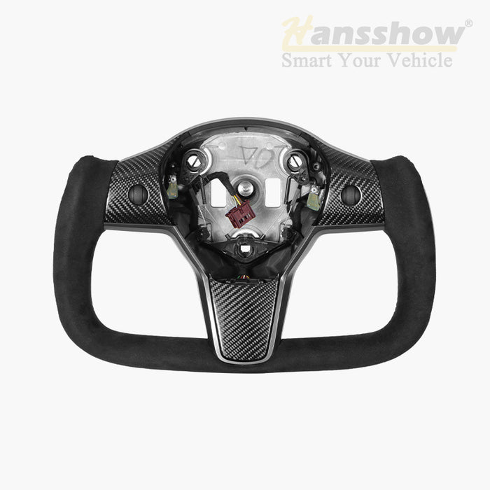 HANSSHOW Model 3/Y Alcantara Black Yoke Steering Wheel Ellipse Style with Heating Function