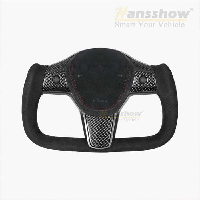 HANSSHOW Model 3/Y Alcantara Black Yoke Steering Wheel Ellipse Style with Heating Function