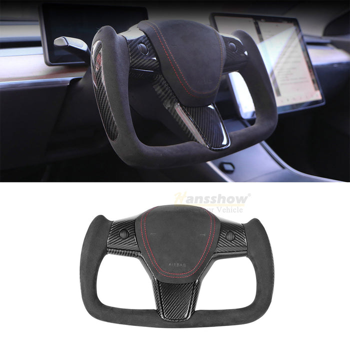 HANSSHOW Model 3/Y Alcantara Black Yoke Steering Wheel Ellipse Style with Heating Function