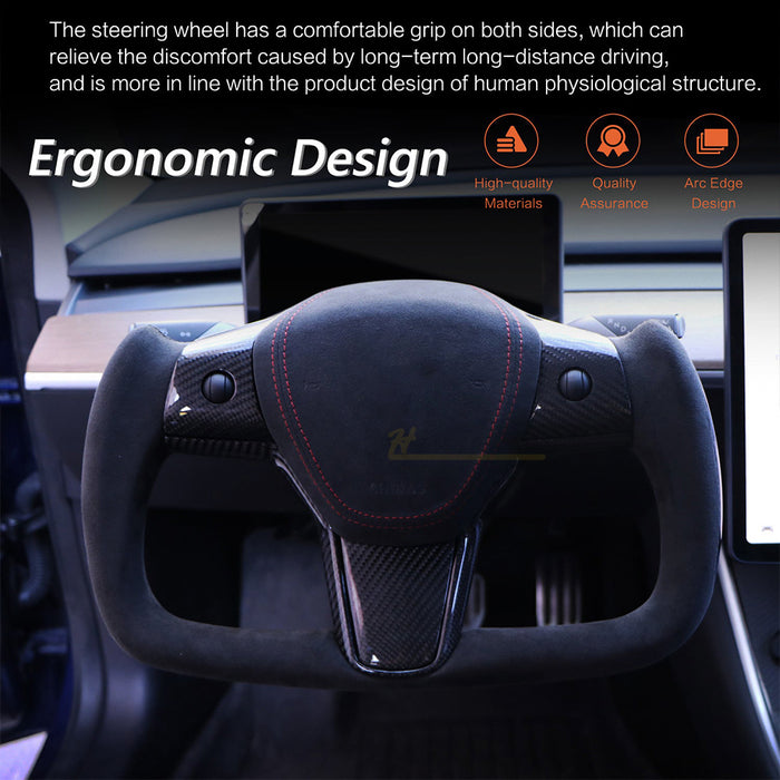 HANSSHOW Model 3/Y Alcantara Black Yoke Steering Wheel Ellipse Style with Heating Function