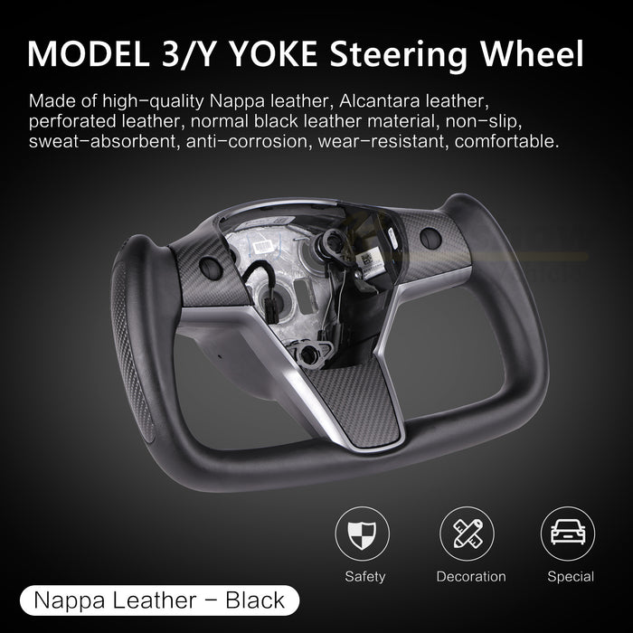 HANSSHOW Model 3/Y Yoke Steering Wheel Nappa Black Leather Ellipse style with Heated Feature